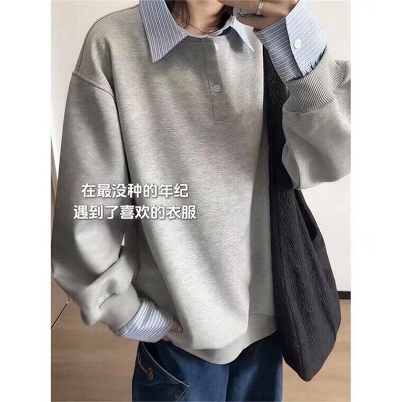 假两件撞色拼接衬衫领卫衣男女长袖宽松情侣设计感上衣Y66244-P48,男装卫衣,星座1008