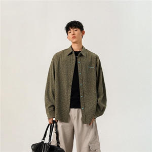 秋季男士衬衫灯芯绒外套宽松痞帅豹纹夹克上衣图片