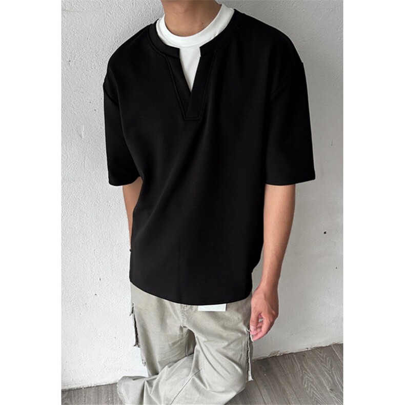 WE1597-P29小众设计感假两件V领短袖T恤男宽松夏季韩风简约百搭，男装T恤，电商B323A