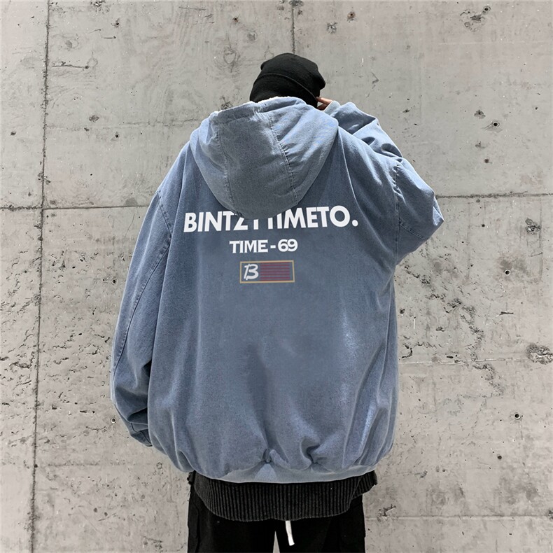 羊羔绒棉服男冬季加厚美式高街水洗加绒牛仔外套潮牌连帽棉衣夹克图片