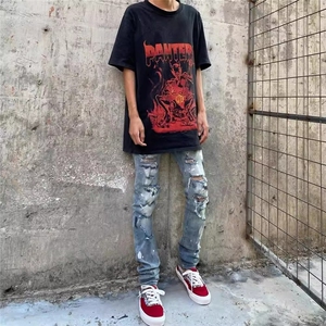 秋冬季新款潮牌复古牛仔裤男水洗印花百搭时尚青少年图片