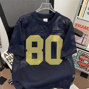 T197-P35 马思唯同款80印花橄榄球服镂空网眼宽松男女短袖T恤图片