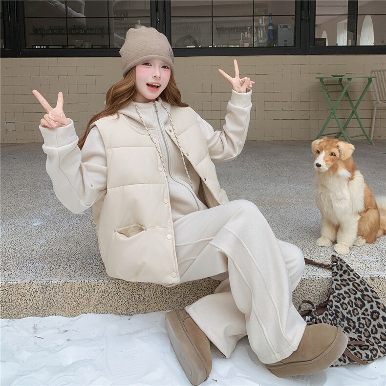韩系松弛感羽绒棉马甲卫衣套装女2025冬新款休闲运动阔腿裤三件套,女装套装/套裙,2C218
