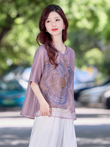 现货！夏季新款2025套装女简约时尚优雅气质天丝麻料印花上衣图片