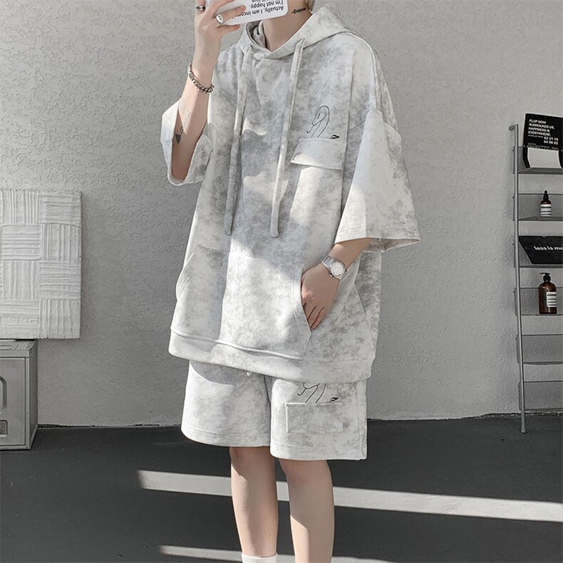 现货TZ773-特批55控88设计感高质感套装连帽大码T恤短袖短裤,男装休闲套装,电商A059