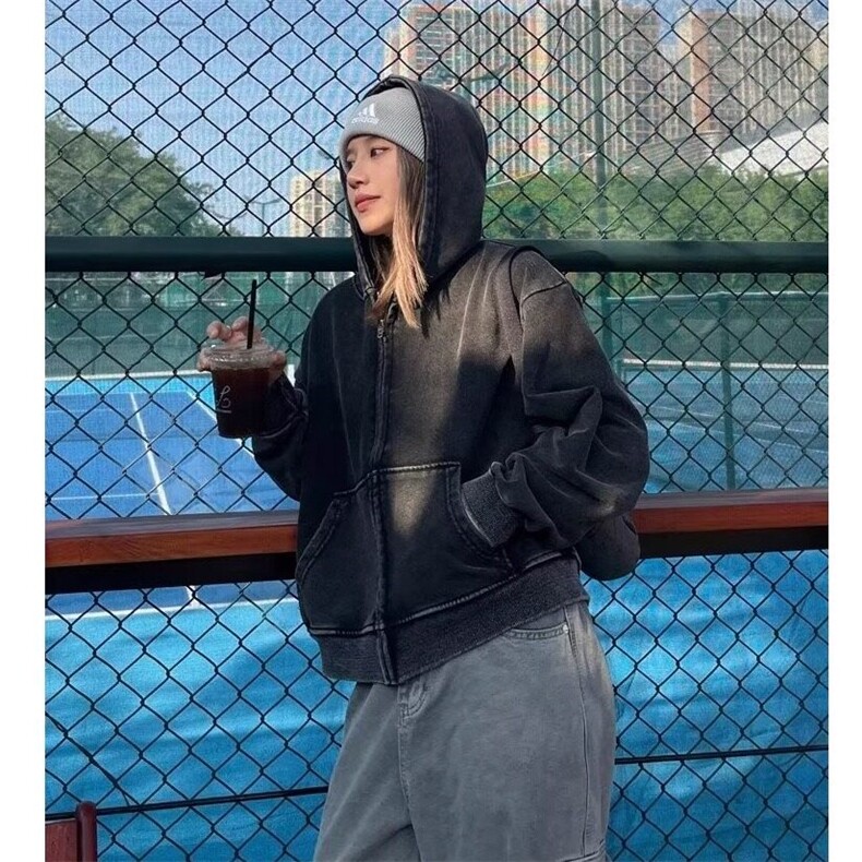 潮流新款原宿流行美式复古水洗连帽卫衣男女短款拉链开衫春秋外套,男装夹克,星座506A