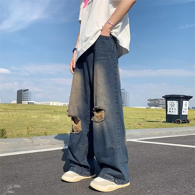 美式高街破洞牛仔裤男韩版潮流个性2023秋夏ins宽松长裤RK841-P45图片