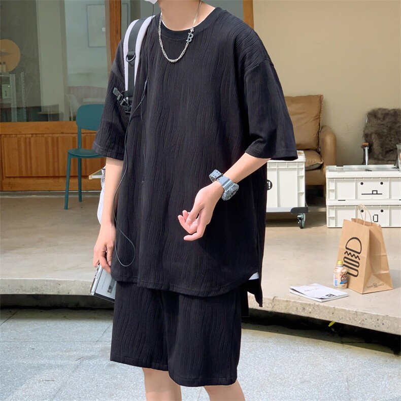 TZ65859/P65高品质波浪冰丝垂感T恤短裤套装男宽松大码两件套控98,男装休闲套装,电商A141