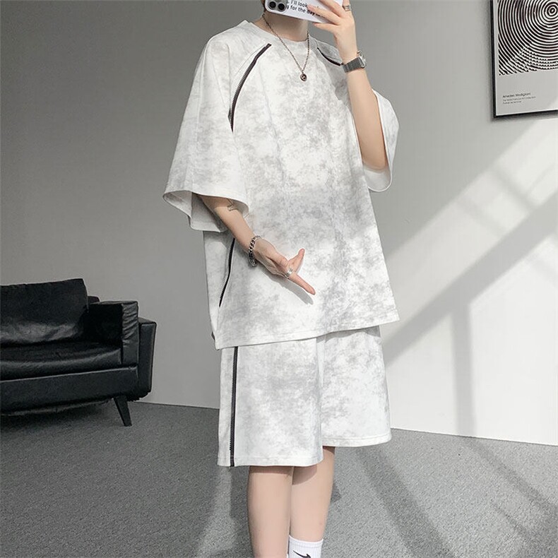 扎染t恤夏日穿搭套装男款美式高街大码短袖短裤男装一套搭配帅气,男装休闲套装,电商A059