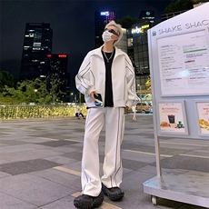 美式复古外套条纹设计感无性别休闲运动裤子潮帅气时髦炸街套装男，男装休闲套装，星座1013