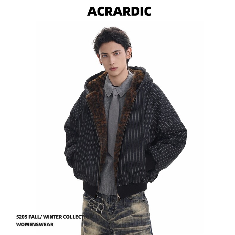 ACRARDIC2025冬装美式条纹短款连帽棉衣男复古保暖豹纹棉服外套潮图片