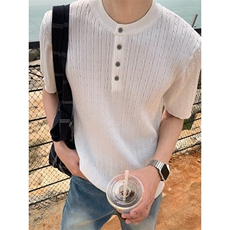 夏季新款针织衫纯色套头钮扣短袖上衣男士亨利领设计感TG58，男装T恤，星座1116A-2（原606A-1）