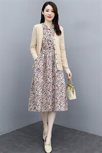 秋款长袖棉麻连衣裙两件套2023新款收腰碎花裙加针织开衫套装裙子图片