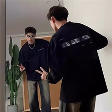 ins春秋季潮牌长袖印花打底衫男士青少年宽松圆领打底衫T恤上衣男，男装T恤，星座506A