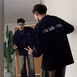ins春秋季潮牌长袖印花打底衫男士青少年宽松圆领打底衫T恤上衣男