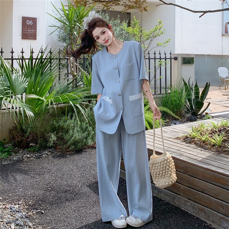 蕾丝边拼接蓝色短袖西装阔腿裤两件套女夏季新款高级感韩系一整套图片