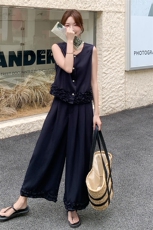 藏青色盐系木耳边套装女2025年夏季新款气质通勤马甲阔腿裤两件套，女装套装/套裙，纯色衣恋