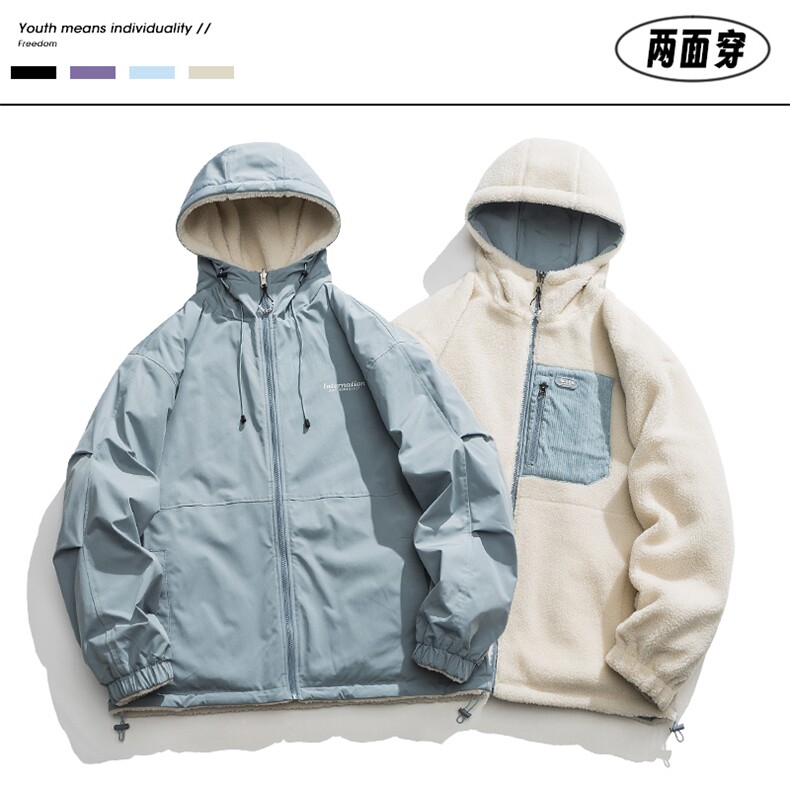 冬季新款羊羔绒加厚棉衣双面穿港风宽松连帽时尚百搭MY9300P110,男装棉衣,电商A128