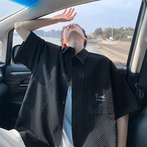 新款泡泡纱速干短袖衬衫男夏季薄款腊肠狗刺绣翻领衬衣LS001 P37图片