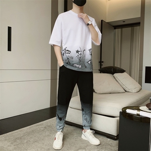 夏季新款短袖T恤套装青少年休闲宽松潮流两件套男装F308P68图片