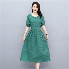 2021夏季新款简约气质圆领优雅时尚收腰修身显瘦连衣裙，女装连衣裙，多彩