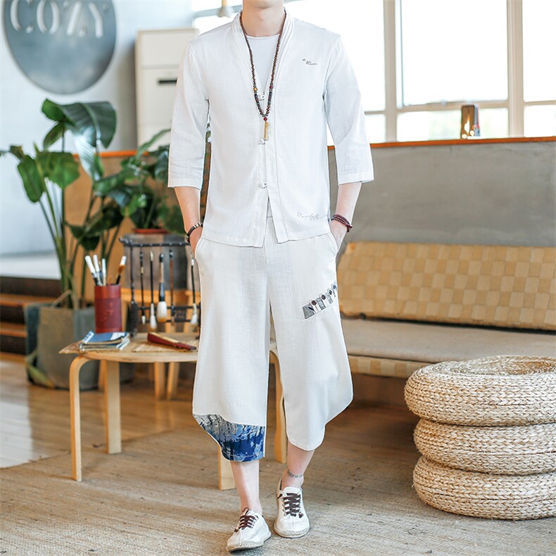 夏季亚麻男士套装开衫休闲运动衫七分裤风A266-1-TZ4058-P75，男装休闲套装，电商A266-1