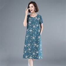 2021年夏季中长款通勤A字裙旗袍妈妈装连衣裙印花圆领套头裙子，女装连衣裙，伊满意