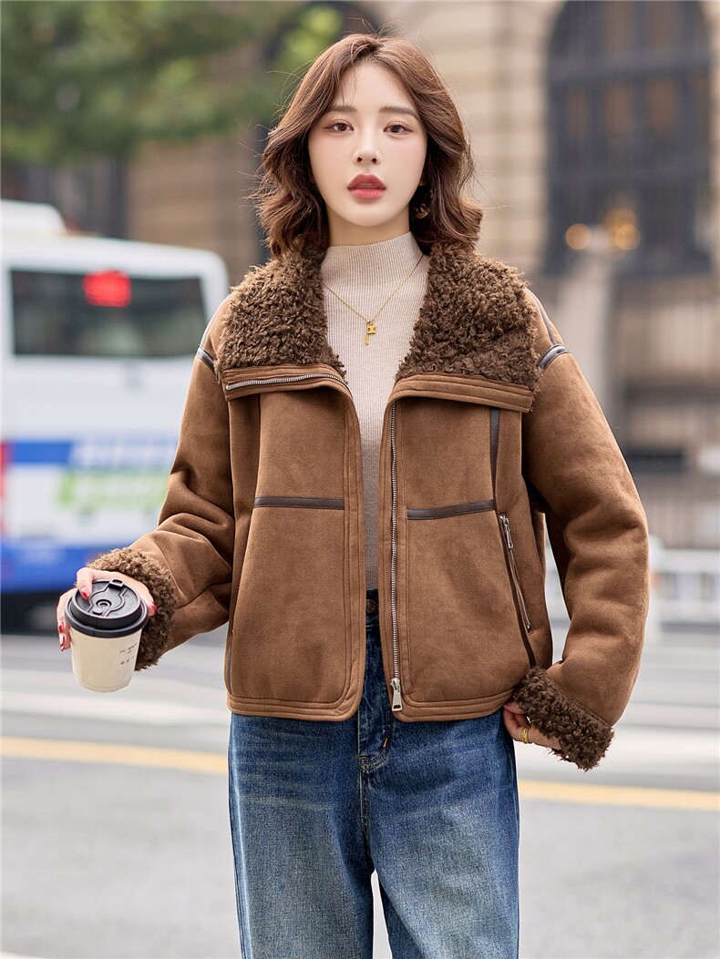 9108时尚温暖皮毛一体外套,女装羊羔毛/颗粒绒,依路服饰