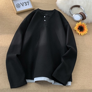 春季港风日系中式复古套头V领长袖T恤男 XZ213- V002-P55控68给30图片