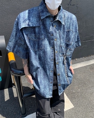 现货！设计感男士垫肩牛仔设计垫肩衬衫短袖DX170-P78无链子，男装T恤，电商B288