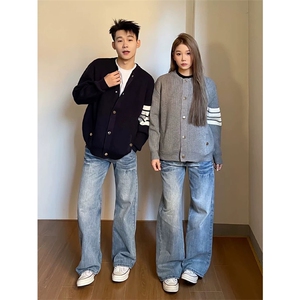 网图有货 蓝色条纹开衫慵懒风灰色针织衫宽松外套男 A143-P58图片