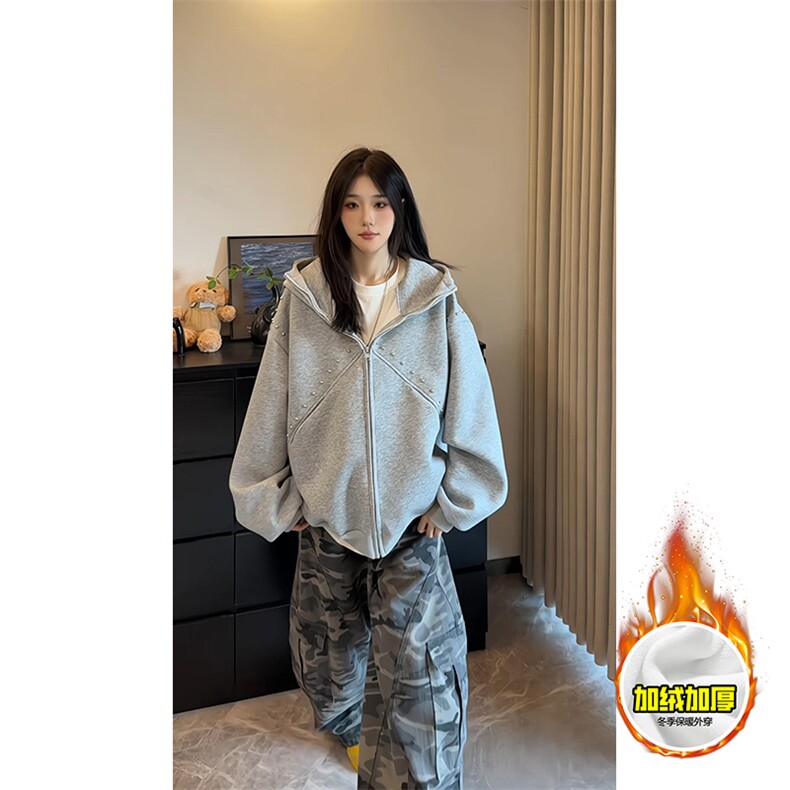 480G重磅加绒硬挺boxy男女秋冬美式高街卫衣铆钉拼接开衫厚外套,女装短外套,电商A486