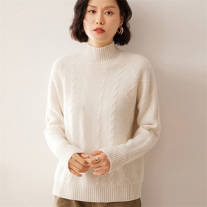 2025秋冬新款35%山羊绒女士7针菱形半高领羊绒衫图片