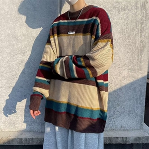 秋冬美式复古超好看日系慵懒风条纹毛衣男女情侣圆领针织衫 M7171图片