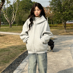 抖音得物高品质 26春装美式高街重磅宽松结构高领连帽卫衣外套W60图片