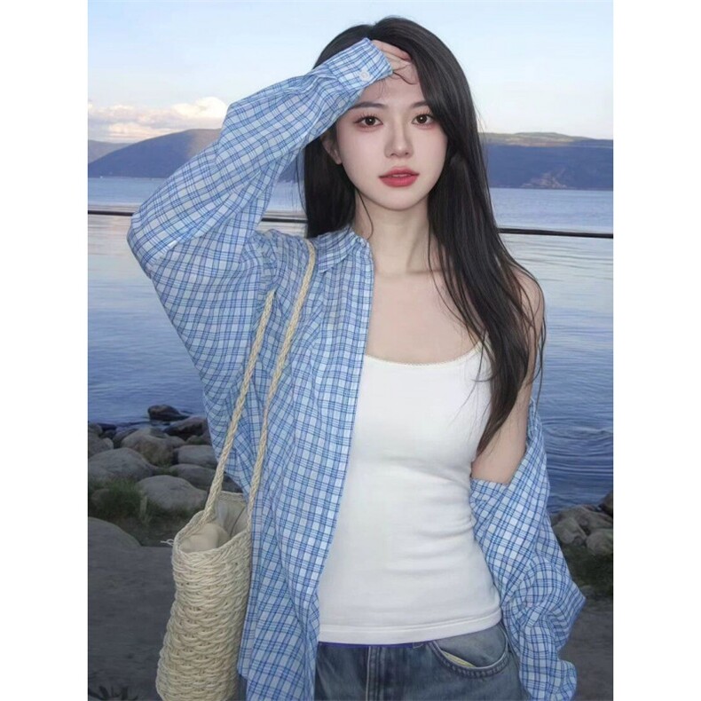 TC561-P45蓝色格子衬衫女装夏季2026年新款衬衣法式上衣，女装衬衫，星座617A-2