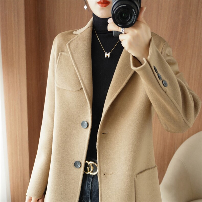 2024年秋冬新款双面呢大衣女短款小个子修身西装休闲羊毛外套，女装双面呢大衣，悦洋羊绒