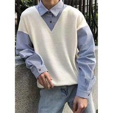 假两件毛衣男秋季港风薄款衬衫领chic外套上衣针织衫潮C1926，男装针织衫/毛衣，星座1116A（原606A-3）