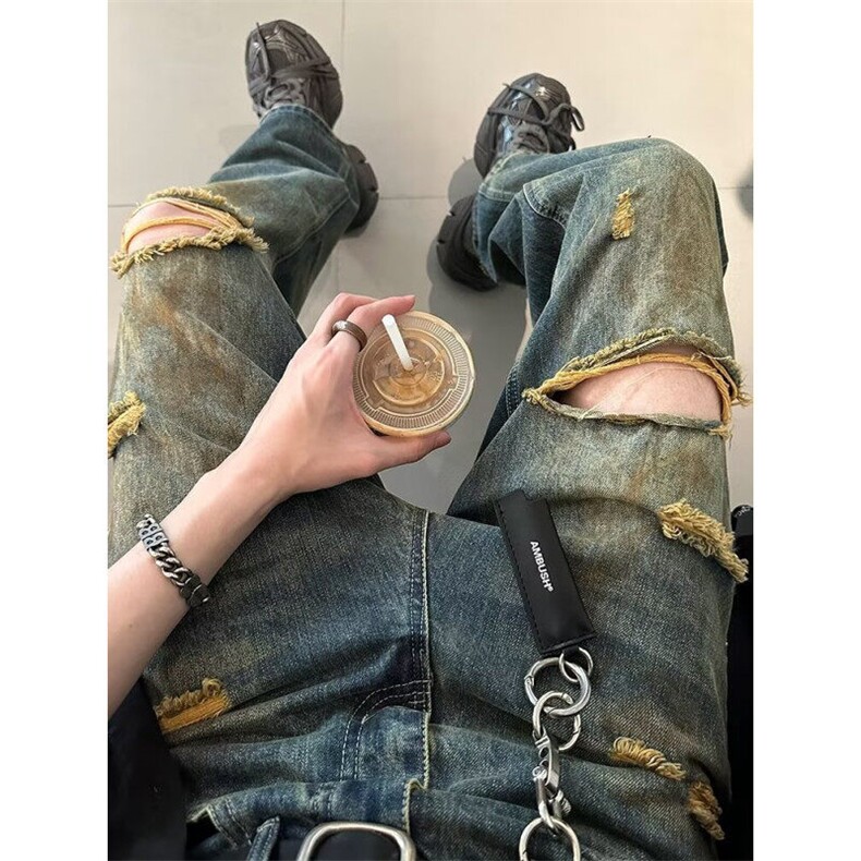 DK62-P55美式破洞牛仔裤男夏季薄款宽松拖地长裤子男-网图现货,男装牛仔裤,星座603-2