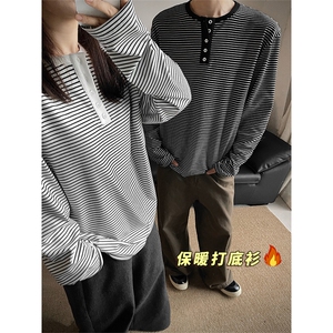 德绒条纹亨利领长袖T恤秋冬美式休闲打底衫男 Q51157-TP4088图片