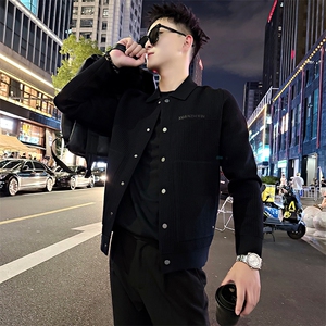 AF208/P108控148秋季社会小伙翻领字母工装百搭外套开衫男黑首图片