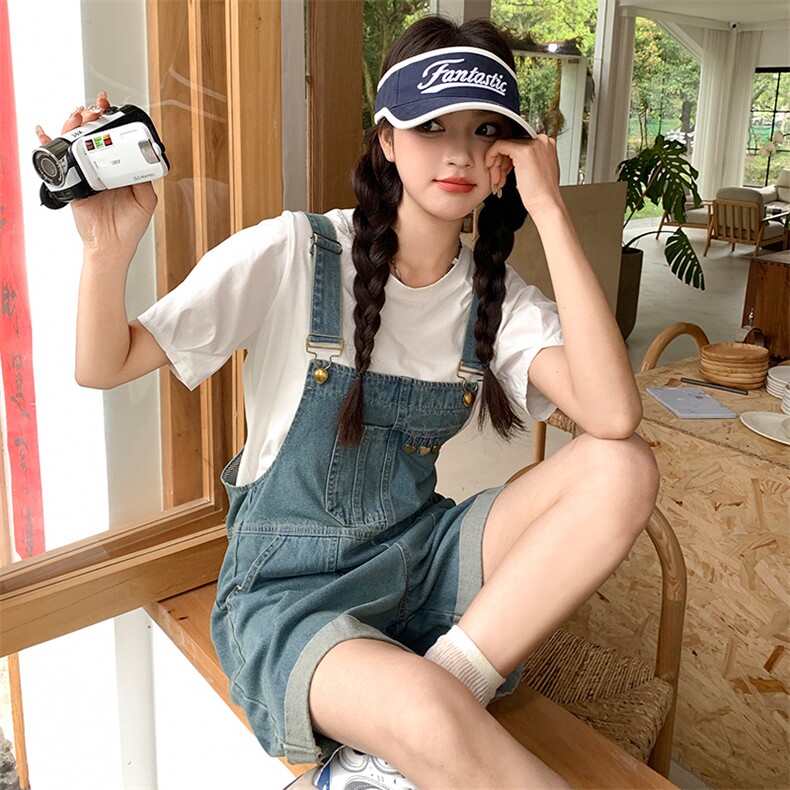 韩版俏皮减龄牛仔背带短裤套装女2025夏季新款显瘦休闲T恤两件套,女装套装/套裙,多米2-075