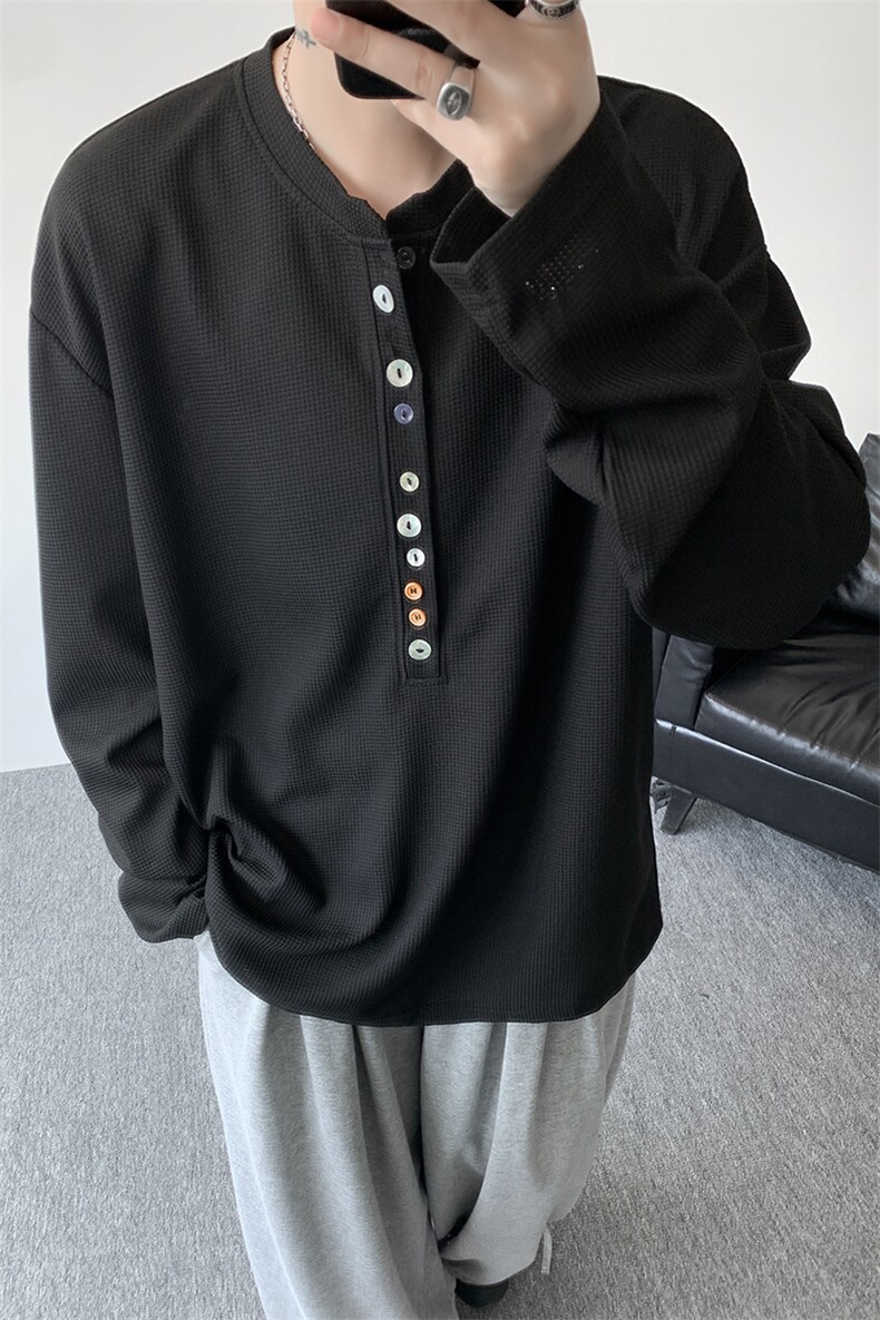 8XL-M慵懒肌理感华夫格廓形云母贝纽扣长袖T恤打底长袖CX3006P48,男装T恤,电商D206-1