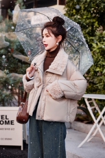 短款仿羊羔毛拼接羽绒服女2024冬季新款女装保暖外套潮！达标90绒！，女装羽绒服，慧尚依恋