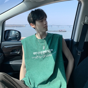 得物抖音品质240克宽松纯棉美式扎染做旧工艺坎肩背心印花无袖T恤图片