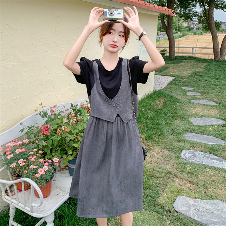 小众设计感拼接马甲裙子女夏季2025新款韩版休闲假三件连衣裙,女装连衣裙,C位