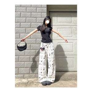 夏季新款美式复古小狗印花阔腿裤男女夏季显瘦垂感弯刀直筒裤
