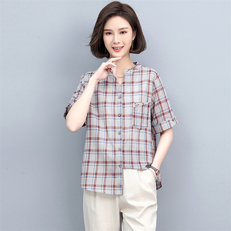 2022年夏季新款短袖衬衣格子衬衫女时尚韩版上衣潮,女装衬衫,忆绮罗