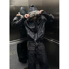 复古荔枝纹机车短款皮衣外套男秋冬宽松廓形黑色皮夹克PHT284，男装夹克，星座1116A（原606A-3）