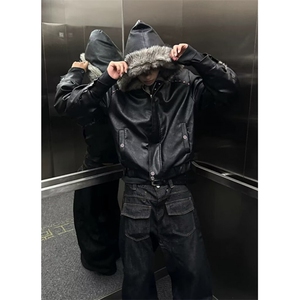 复古荔枝纹机车短款皮衣外套男秋冬宽松廓形黑色皮夹克PHT284